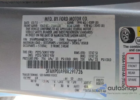 2011 Ford Fusion Sel z USA, uszkodzony, nr VIN 3FAHP0JA9BR291726
